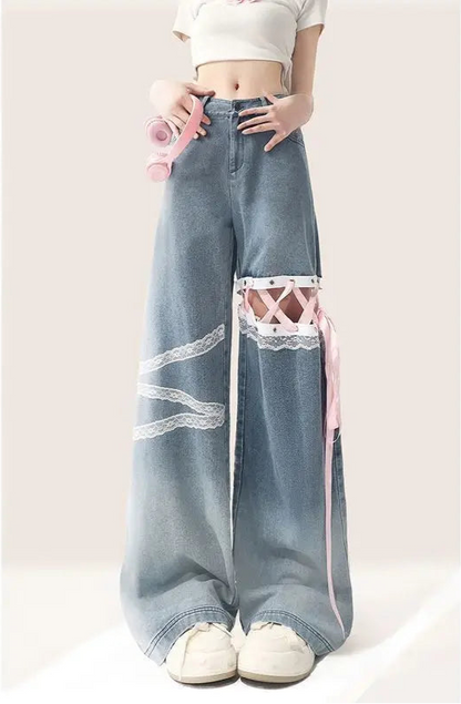 Kawaii Lace Cut Design Jeans