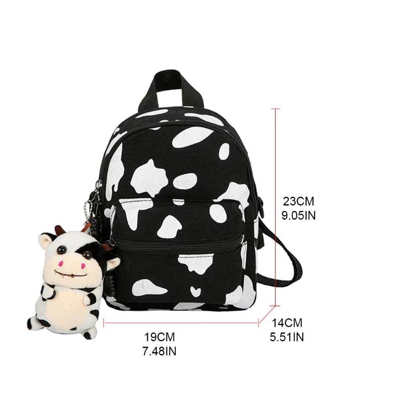 cute cheap mini backpacks Mini Canvas Daypack With Plush Cow Pendant Cow Print Backpack Adorable Backpack For Women Lady Girls Outdoor Travel Shopping (white)(1pcs)