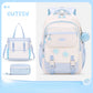 Cutesy light blue and white backpack with matching pouch on a light blue background