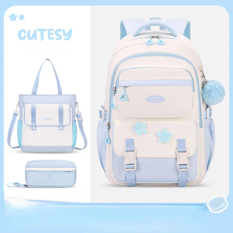 Cutesy light blue and white backpack with matching pouch on a light blue background