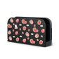 Black phone case with strawberry pattern on a white background