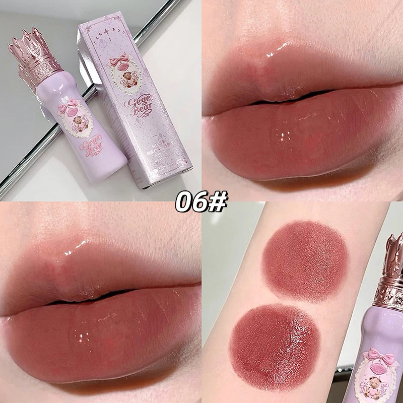 Lip gloss with packaging, applied on lips and swatched on skin