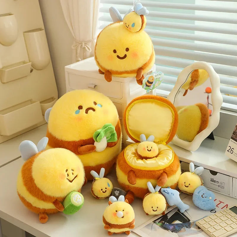 Nine kawaii bee plushies sitting on a white desk in front of a window