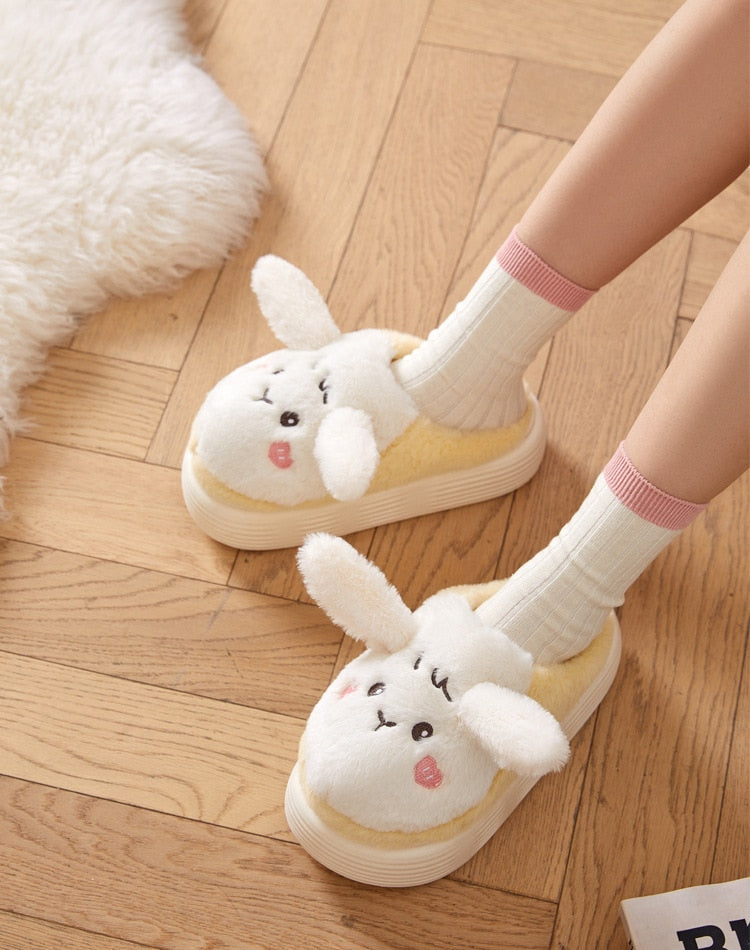 Model Wearing White and Yellow Kawaii Plush Bunny Platform Slides