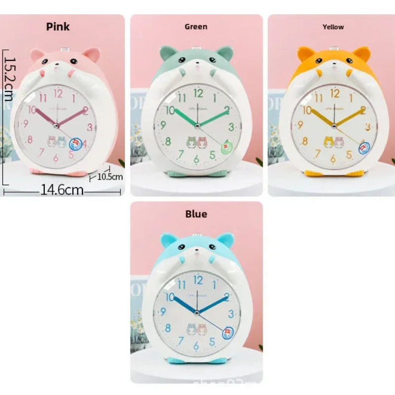 Front view of colors of Kawaii Cute Hamster Clock & Night Light in pink green, yellow, and blue with dimensions
