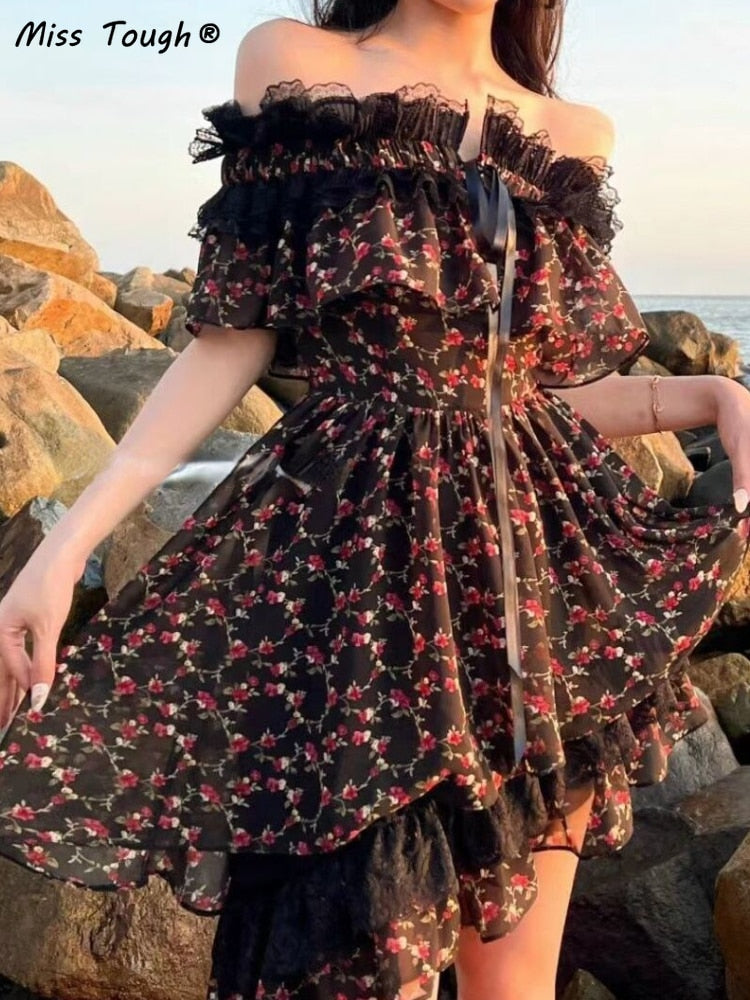 ladies off shoulder dress Sweet Floral Off-Shoulder Dress White / M