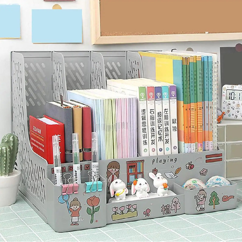 Graey desk organizer with books, stationery, and decorative items on a tiled floor.