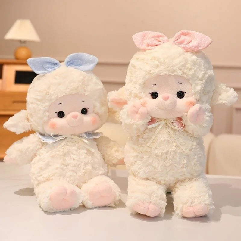 Pastel Kawaii Bunny and Lamb Plushies on a bed 