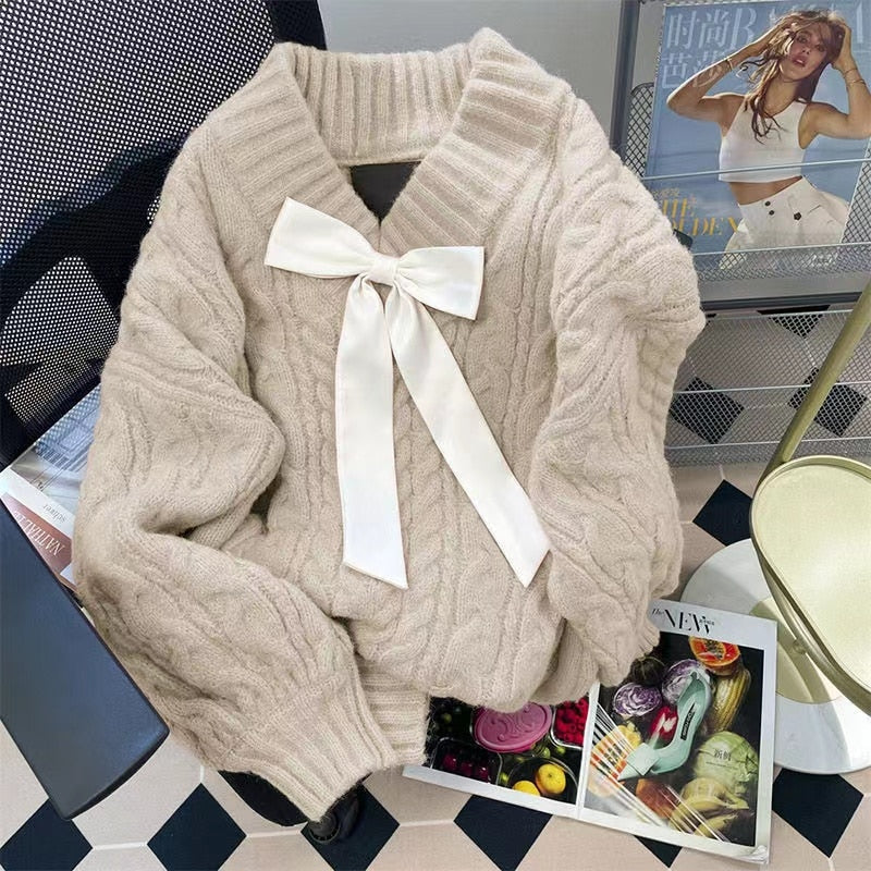 Kawaii Sweet V-Beck Bow Sweater in Tan