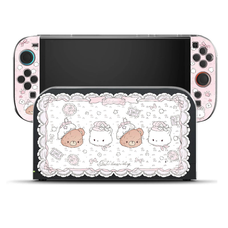 Nintendo Switch with a decorative case featuring kawaii characters on a white background