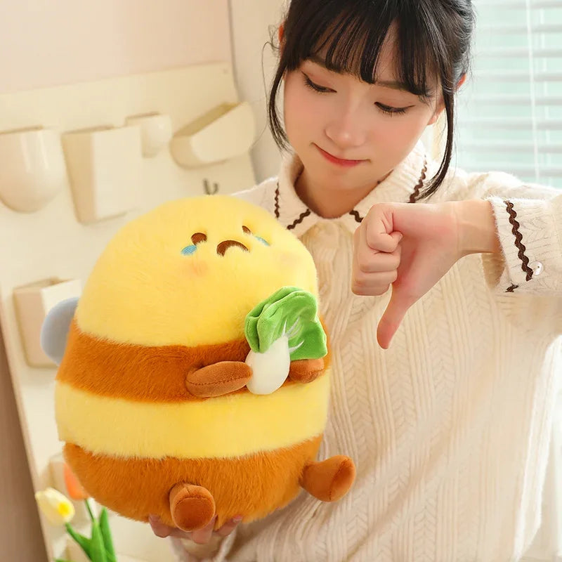 women holding a sad kawaii bee plushie