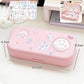 Pink cartoon-themed case with measurements on a white background