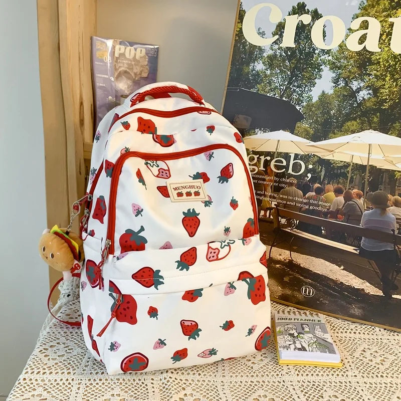 Kawaii White and Red Strawberry Print Backpack – Kore Kawaii display picture 2