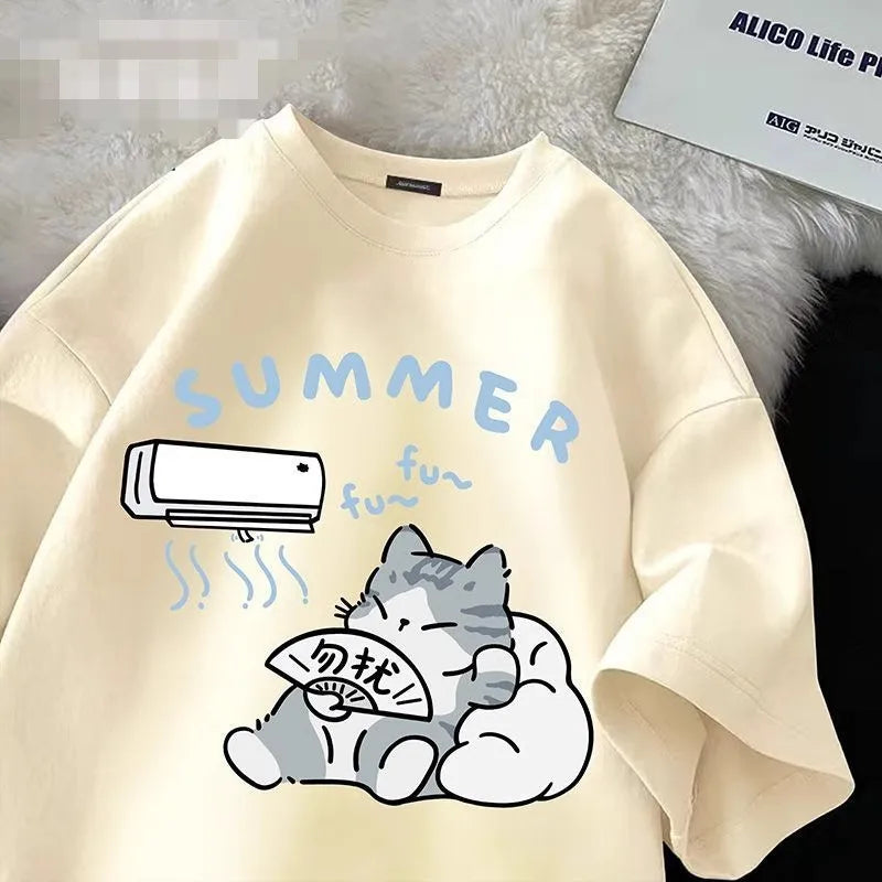 Beige t shirt with cartoon cat and air conditioner design on a textured surface