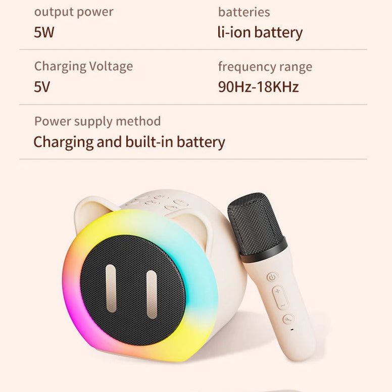 Cute Cat Mini Karaoke Speaker , image explains the products parameters whilst product is displayed at the bottom with microphone.