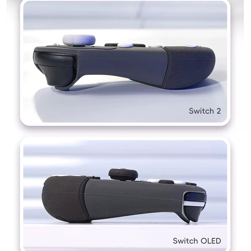 Two gaming controllers labeled 'Switch 2' and 'Switch OLED' on a light gray background.