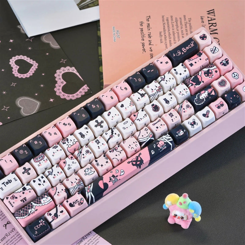 this image is displaying the Kawaii Creepy Cuties Keyboard Keycaps from a distance looking at the overall keyboard and the keycap designs.