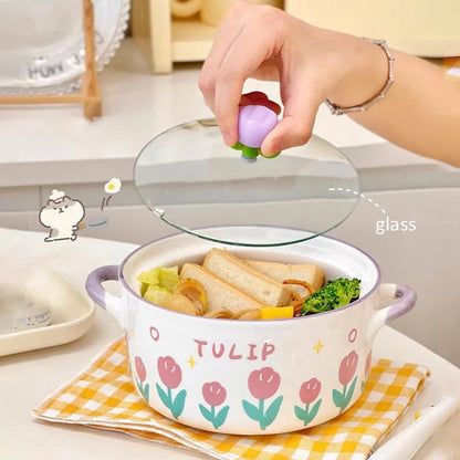 Kawaii pink and purple Flower Ramen Bowl with glass lid 