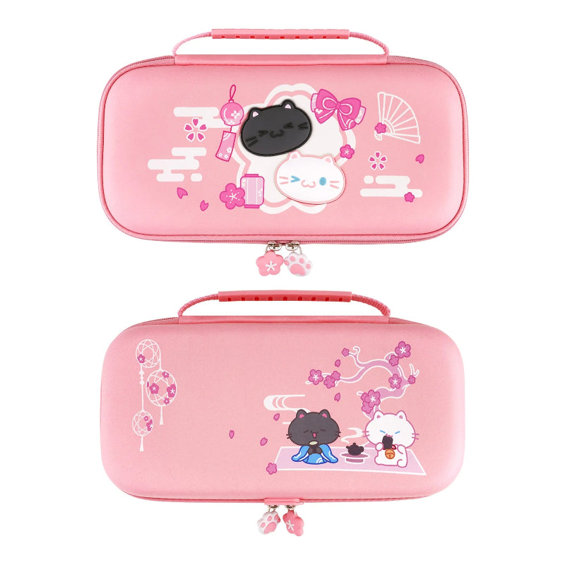 Two pink cases with cartoon cat designs on a white background