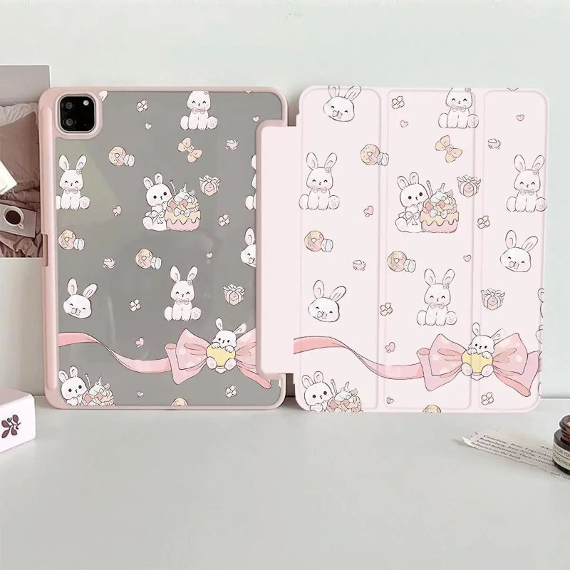 tablet case with cute rabbit designs on a light gray background