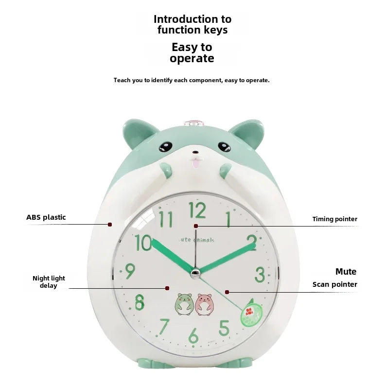 Children's hamster alarm clock with  labeled function keys on a white background