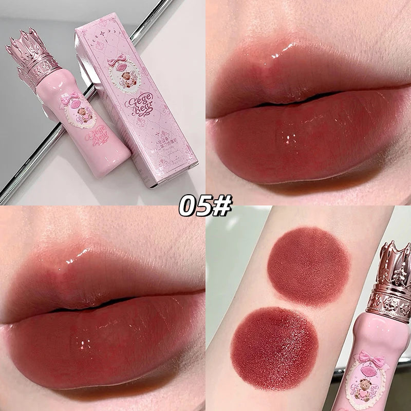  Kawaii lip gloss with packaging, applied on lips and swatched on skin