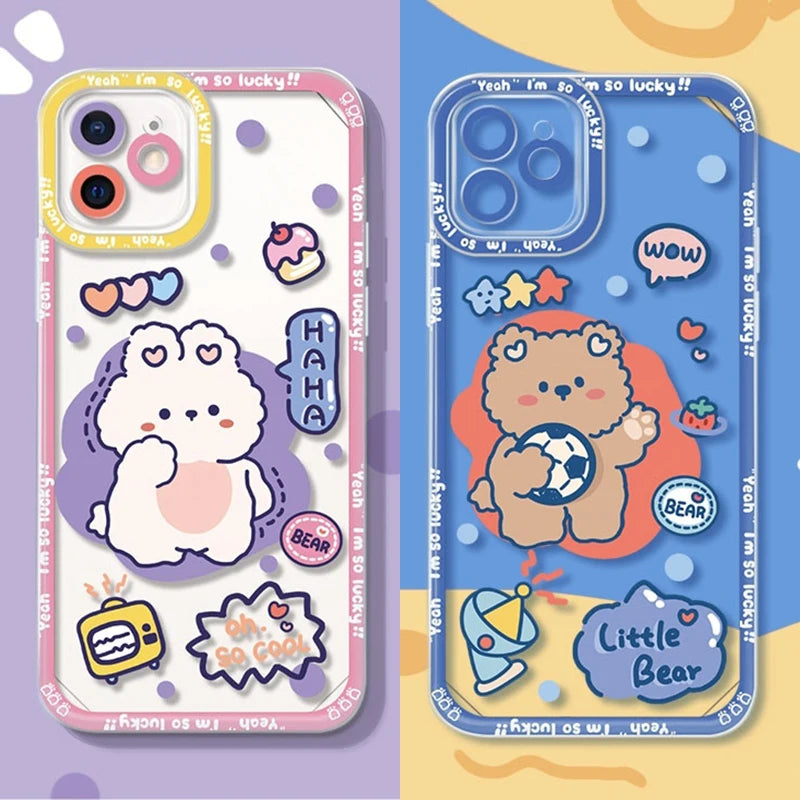 Two phone cases with designs on a colorful background, one design has a cute bunny placed in the middle of the phone case  with a purple paint splat behind, and a pink rim. the other design is a bear in the middle of the case holding a ball with a reddish paint splat behind him and a blue rim on the outside.