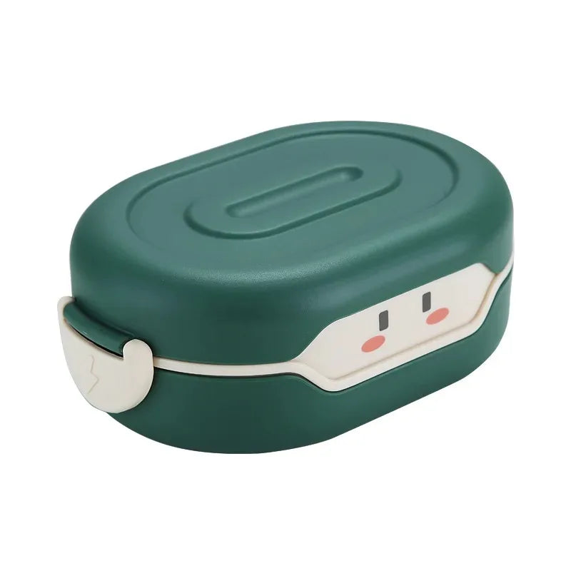 Green rectangular container with cartoon face on a white background