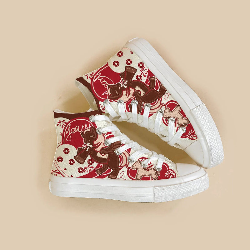 A pair of high-top canvas sneakers with a festive holiday print featuring red, cream, and dark brown illustrations of pegasus set against a solid beige background.