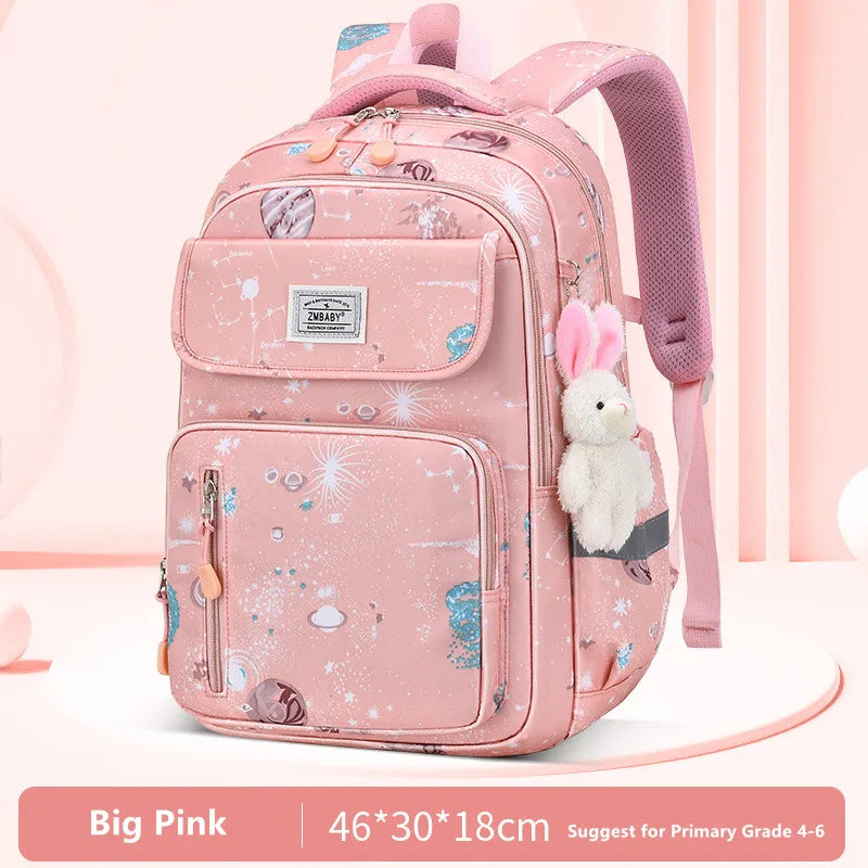 Pink backpack with bunny design on a white background