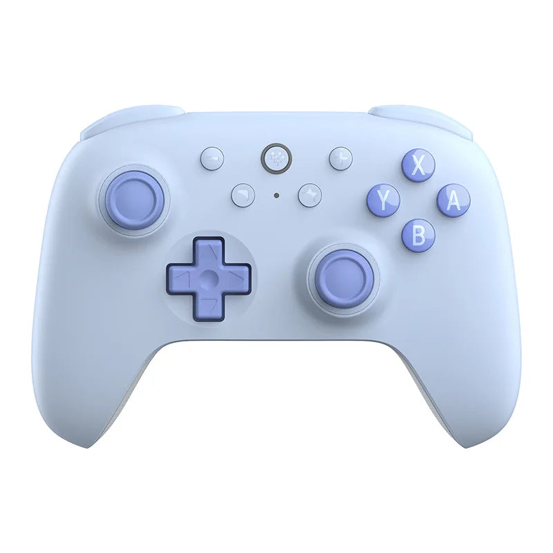 Light blue gaming controller with purple accents on a white background