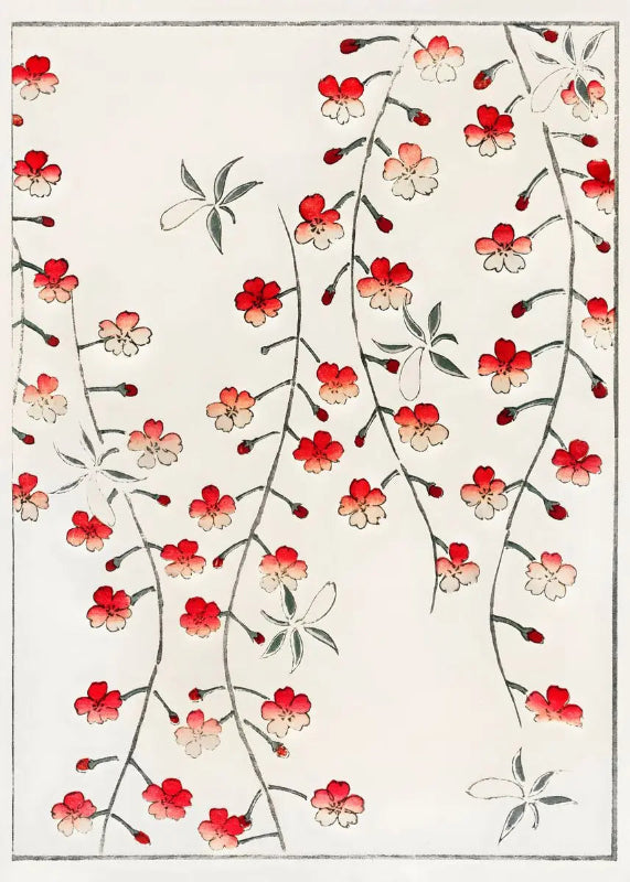Decorative design with red and pink flowers on a white background