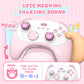 Pink gaming controller with cat paw buttons on a pink background, featuring text about a 'cute meowing charging sound'.