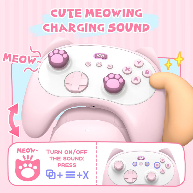 Pink gaming controller with cat paw buttons on a pink background, featuring text about a 'cute meowing charging sound'.