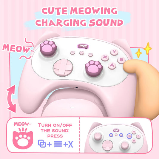 Pink gaming controller with cat paw buttons on a pink background, featuring text about a 'cute meowing charging sound'.