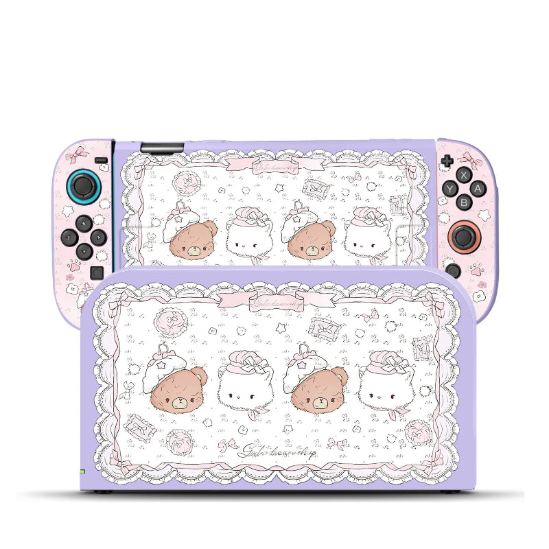 Nintendo Switch with a decorative case featuring kawaii characters on a white background