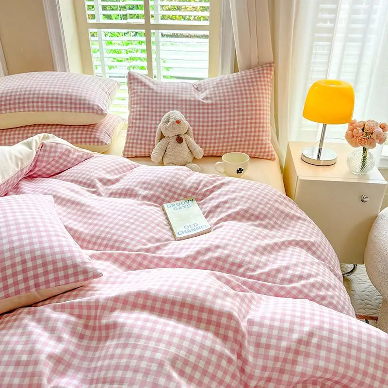 Kawaii pink and white checkered Gingham Bedding Set.