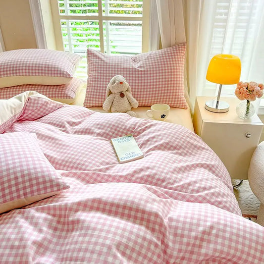 Kawaii pink and white checkered Gingham Bedding Set.