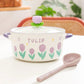 Kawaii purple Flower Ramen Bowl Set sitting on countertop with included spoon