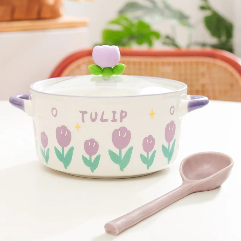 Kawaii purple Flower Ramen Bowl Set sitting on countertop with included spoon