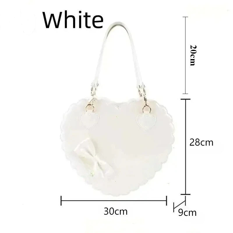 White handbag with dimensions labeled on a white background