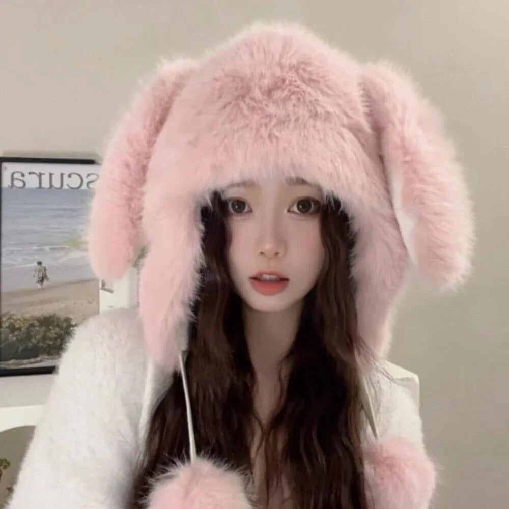 Kawaii Bunny Ears Plush Winter Hat in Pink