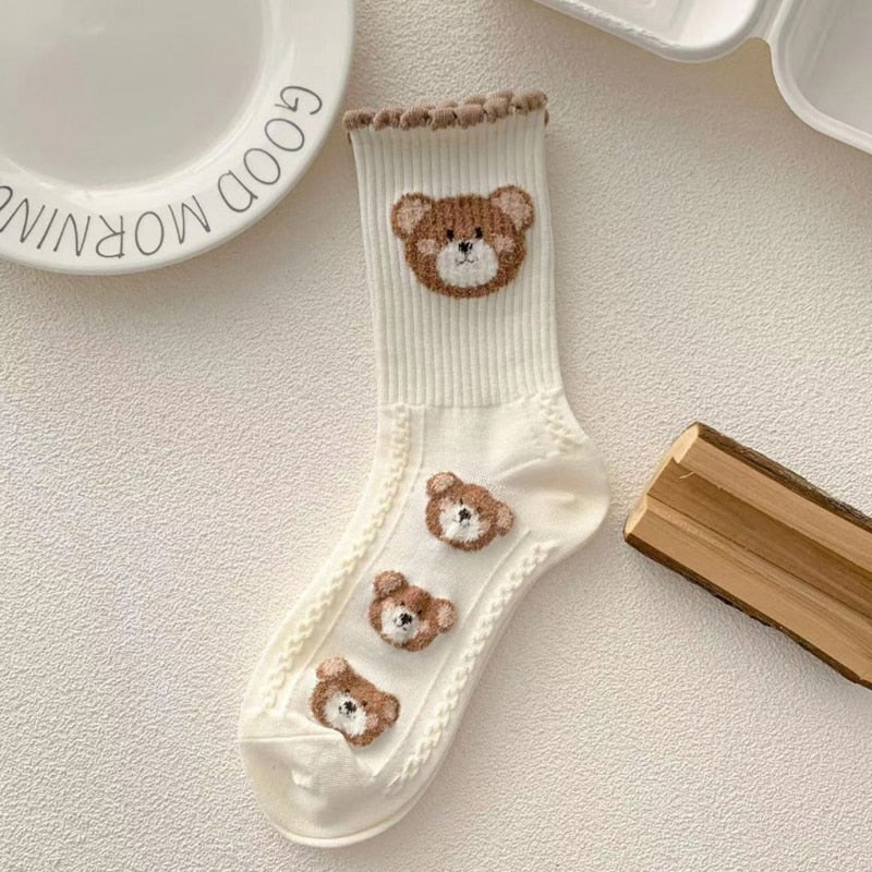 Tyadorw 5 Pair White Fuzzy Socks Cute Kawaii Bear Slipper Socks
