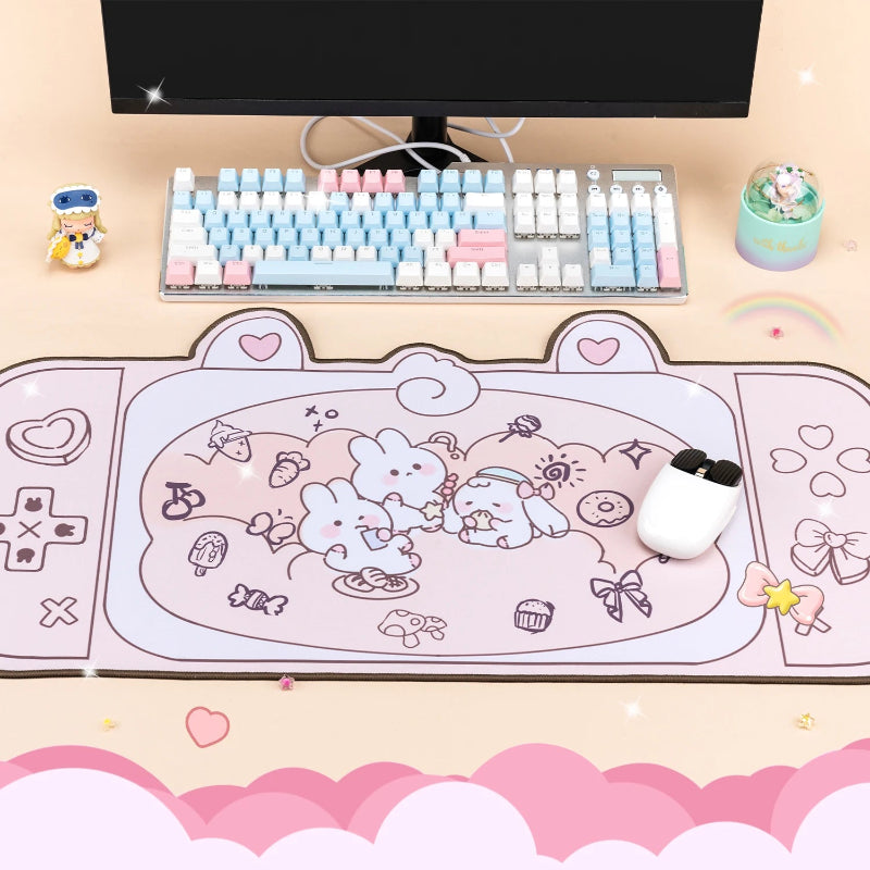 Desk setup with a keyboard, mouse, and decorative mouse pad featuring cartoon characters.