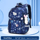 Blue backpack with space-themed design on a light blue background