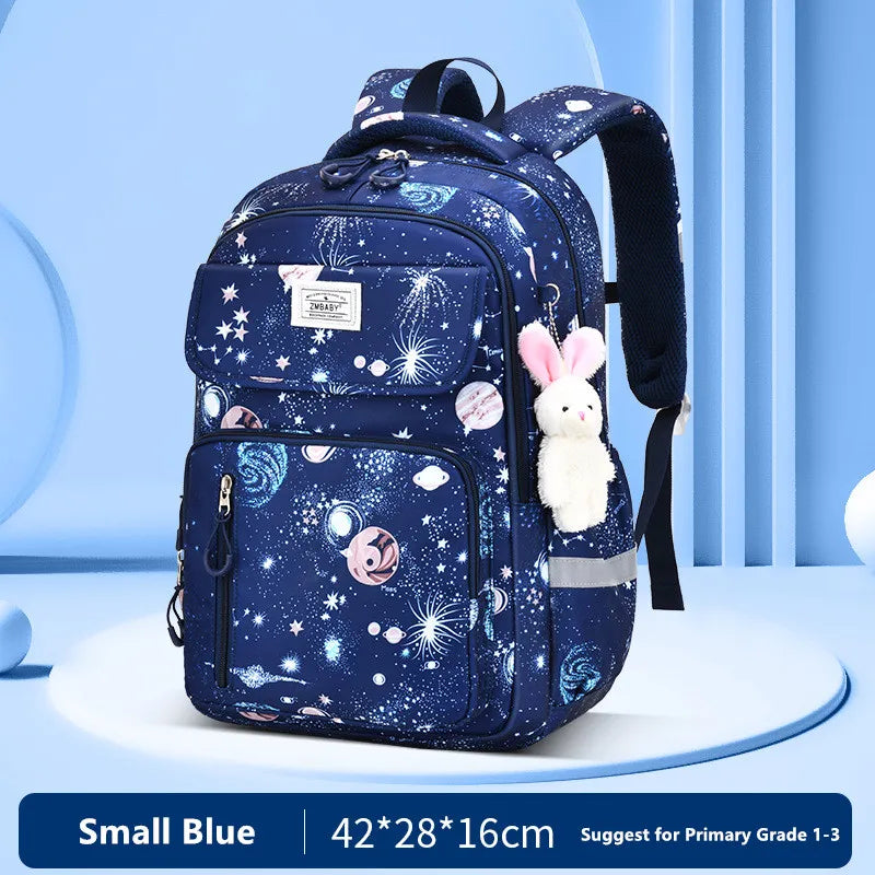 Blue backpack with space-themed design on a light blue background