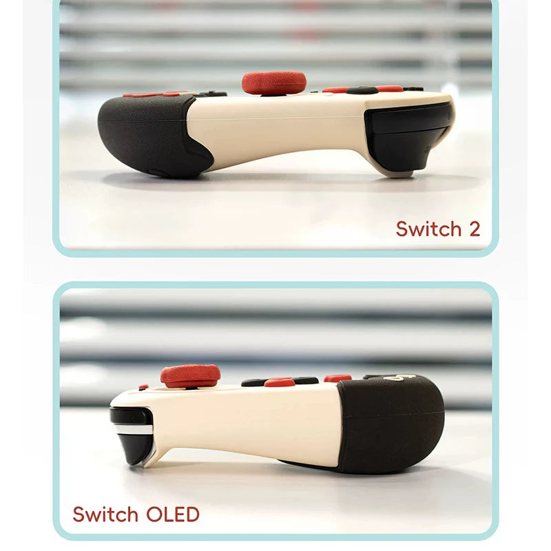 Two gaming controllers labeled 'Switch 2' and 'Switch OLED' on a light background.