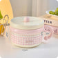 Pink ramen bowl with measurements on a white background
