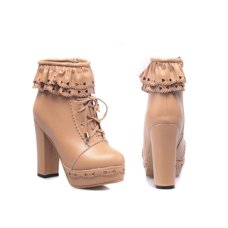 Kawaii Round Toe Lace Up Ankle Boots in Brown