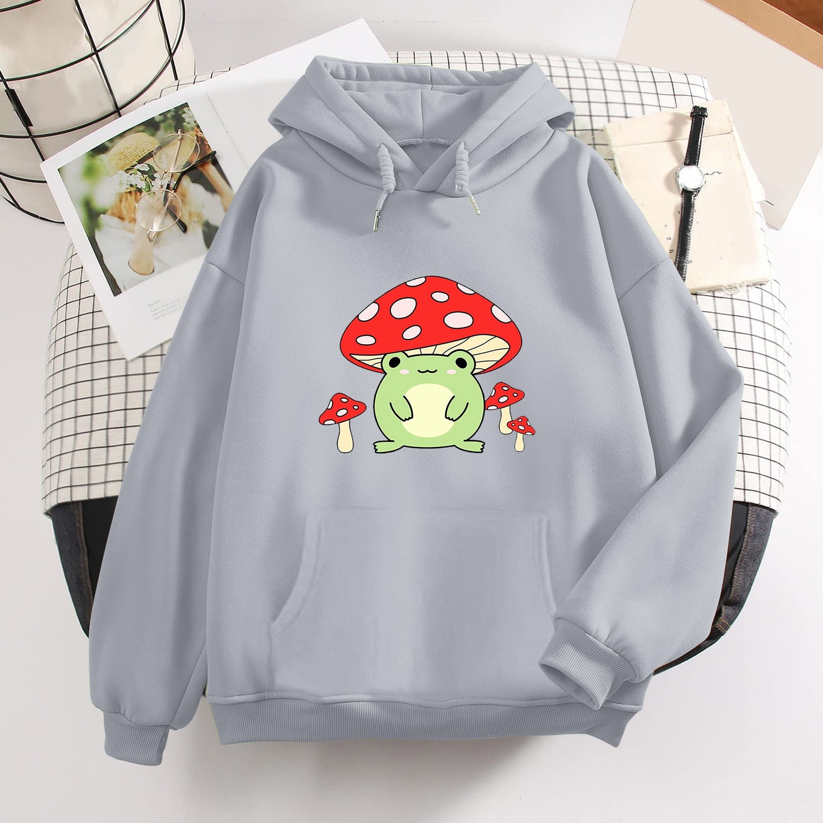 Kawaii Grey Mushroom Frog Hoodie